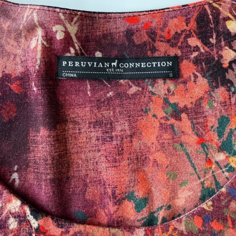 Peruvian Connection Floral Print Tunic Dress Burgundy Small Boho Art To Wear - Picture 10 of 13